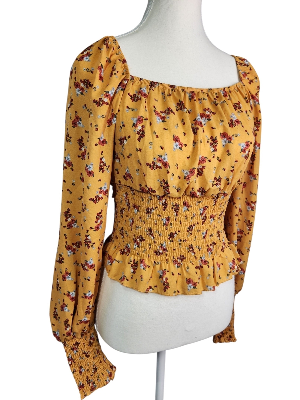 Ultra Flirt Floral Smocked Peplum Peasant Top Yellow Long Sleeve Square Neck S - Picture 3 of 13